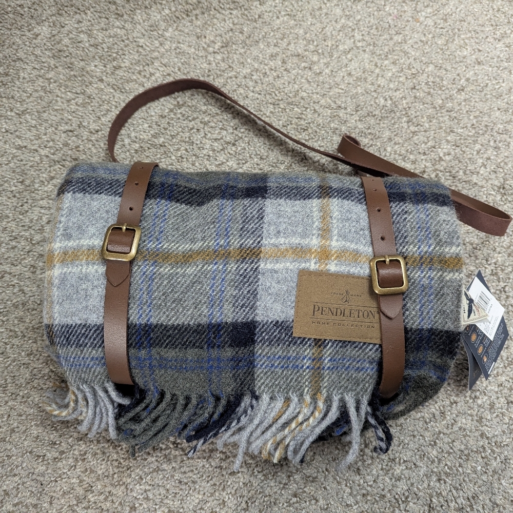 Pendleton Wool Blanket with Leather Strap Carrier - Gray, Blue, Brown